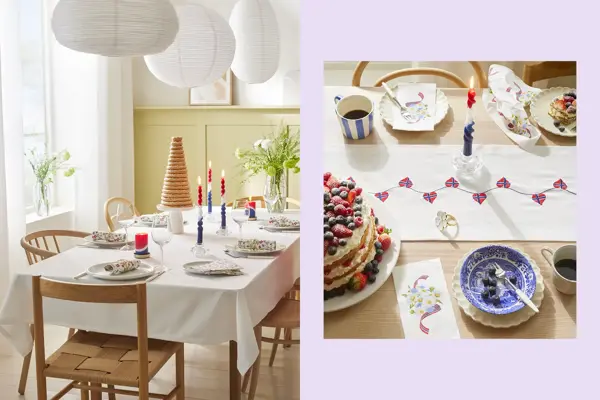 Bord dekket til 17. mai med hvit duk, kransekake, blomster, hvitt servise og stearinlys. Bord med kake, løper, stearinlys og servise.