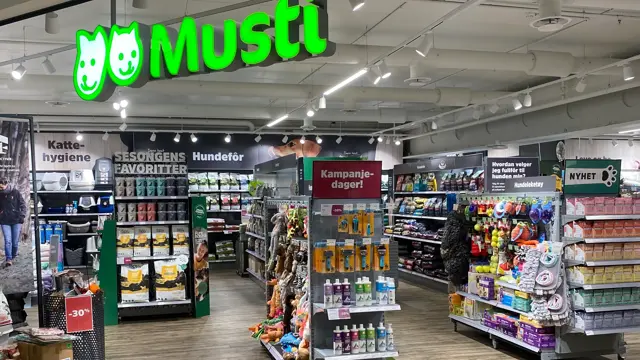 innendørs butikk med grønne skilt og reoler