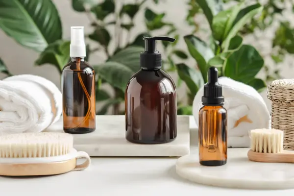 Set of female skin care products. Makeup products and skin cleansers on nature plant background. Copy space. Front view