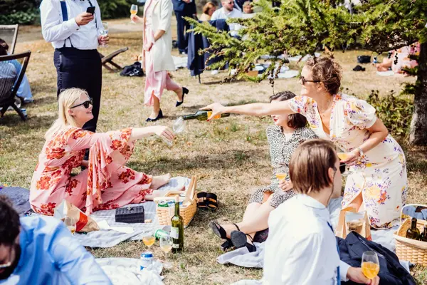 Sommerlig kledde bryllupsgjester har piknik