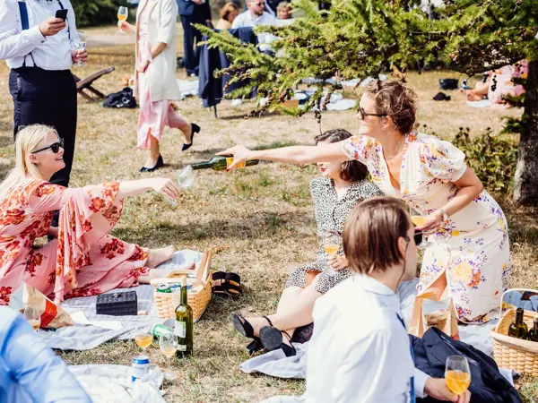 Sommerlig kledde bryllupsgjester har piknik
