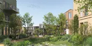 Bildet viser illustrasjon av boligprosjektet Oksenøya Bruk - et samarbeidsprosjekt mellom OBOS og Thon Eiendom