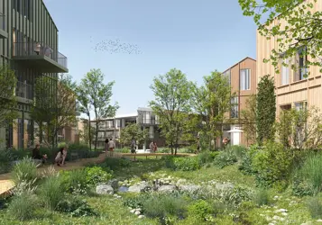 Bildet viser illustrasjon av boligprosjektet Oksenøya Bruk - et samarbeidsprosjekt mellom OBOS og Thon Eiendom