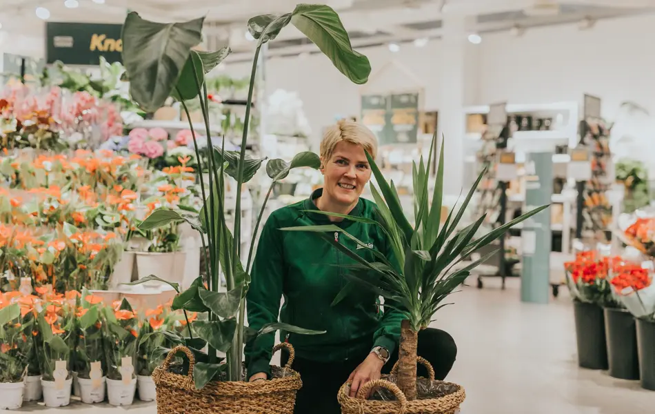 Dame som står med grønne planter