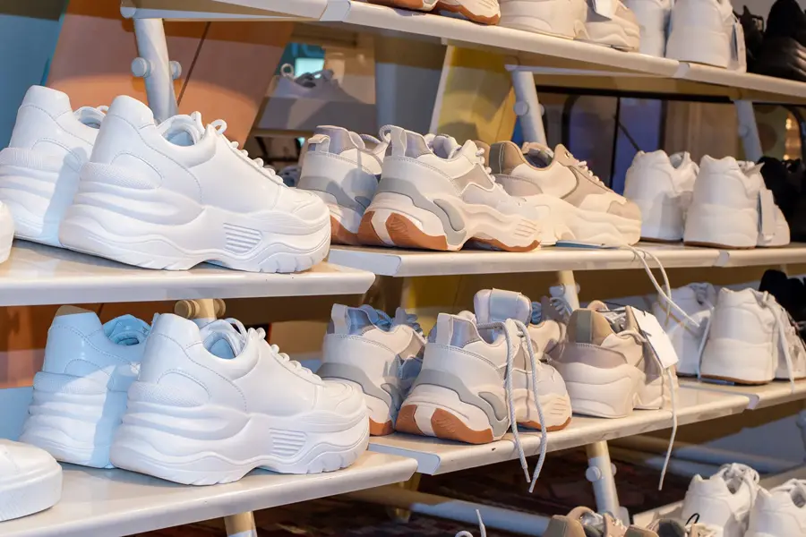 Sidevisning av hyllene i en skobutikk med mange salg av joggesko. Nærbilde av noen joggesko i en butikk.