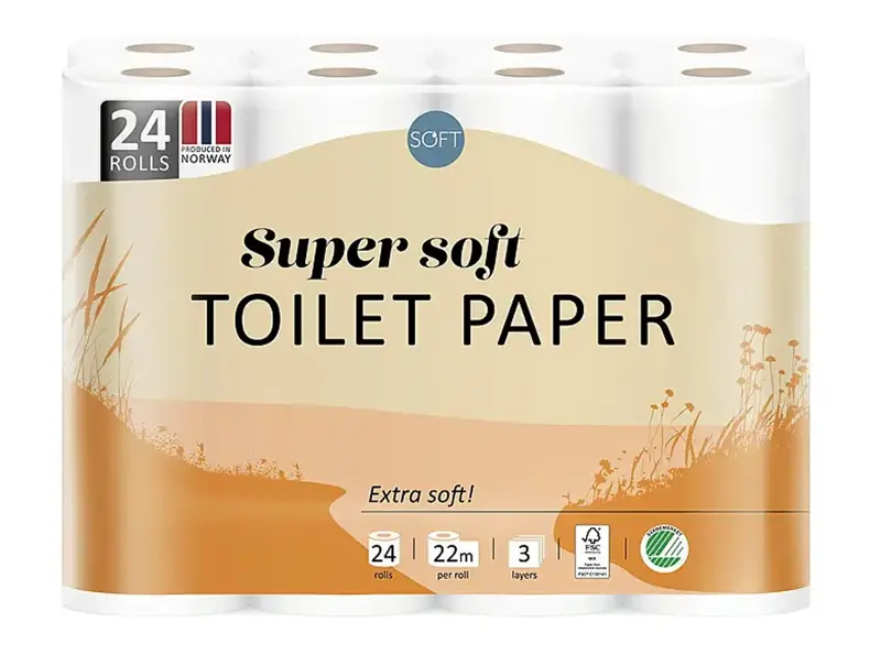 Pakke med 24 ruller Super Soft trelags toalettpapir.