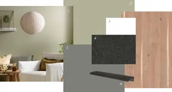 Grafikk viser illustrasjon av stilpakke 4 i Heggedal Hage, med vegger i beige og lys parkett
