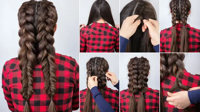 Hair tutorial. Hairstyle two volume combined braids for party tutorial step by step. Backstage technique of weaving plaits