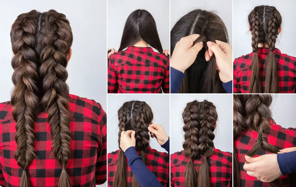 Hair tutorial. Hairstyle two volume combined braids for party tutorial step by step. Backstage technique of weaving plaits
