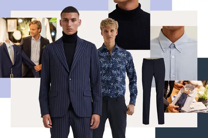 Ulike bilder av menn i dress og skjorter