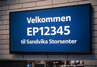 Bilde av en skjerm som viser teksten: Velkommen EP12345 til Sandvika Storsenter