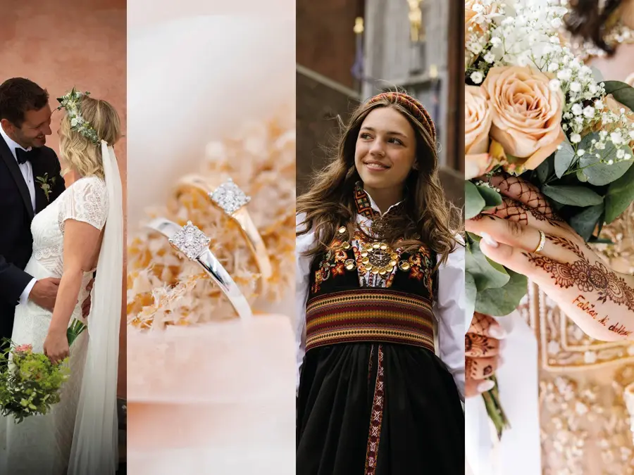 Bildecollage av dåpsbarn, brudepar, ringer, konfirmant og blomster