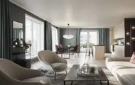 Illustrasjon av en stylet stue og spisestue i en leilighet på Skårerløkka Premium.