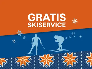 Mariusgensermønster med skigåere og tekst "GRATIS skiservice"