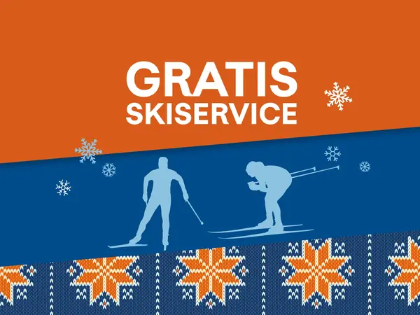 Mariusgensermønster med skigåere og tekst "GRATIS skiservice"