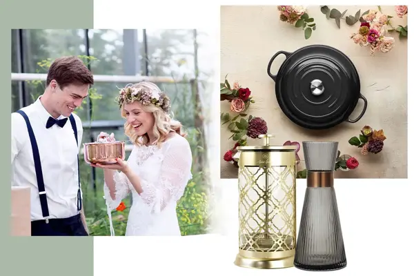 Kollasj av et brudepar som åpner gave, karaffel, kaffepresse og en gryte