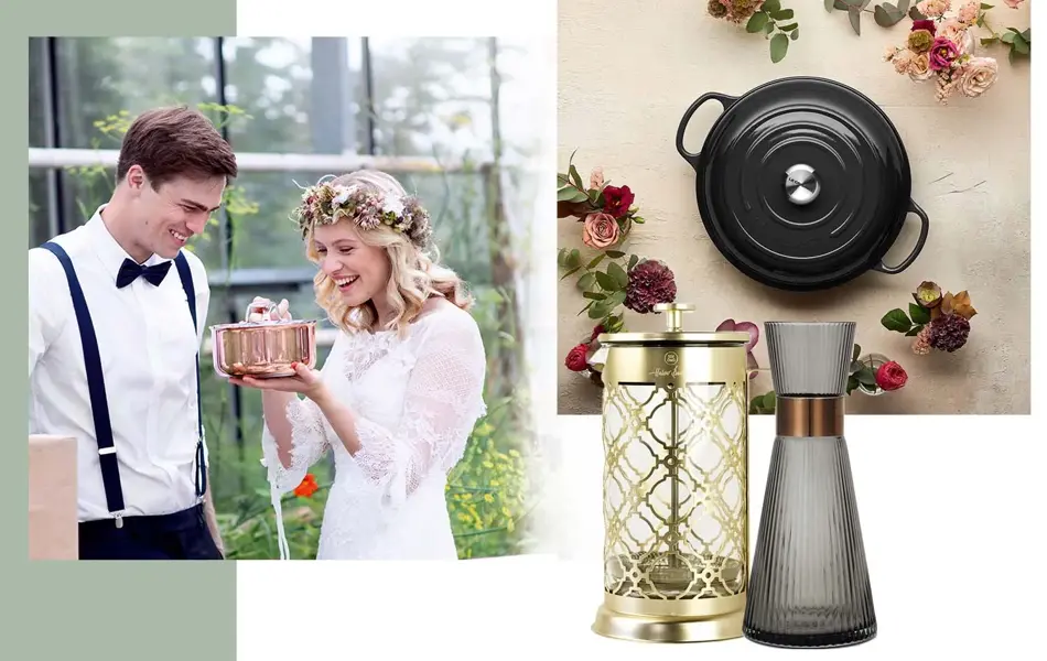 Kollasj av et brudepar som åpner gave, karaffel, kaffepresse og en gryte