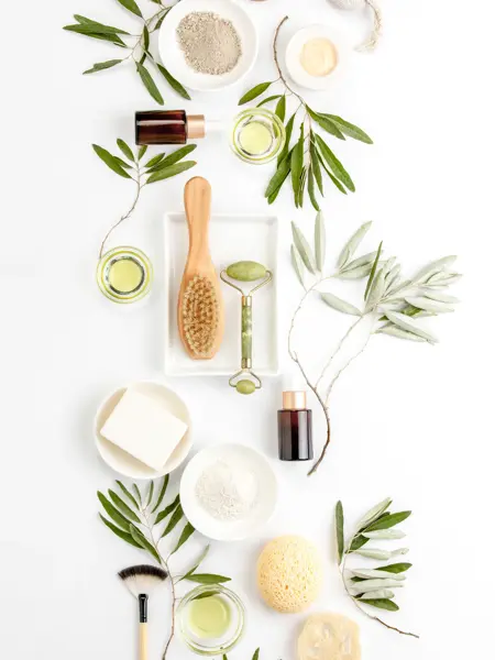 Spa concept with olive oil and olive leaf extract natural cosmetic ingredients, flat lay composition