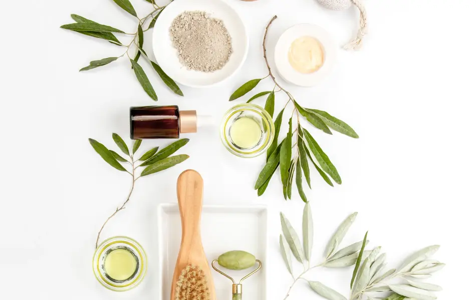 Spa concept with olive oil and olive leaf extract natural cosmetic ingredients, flat lay composition