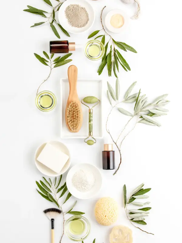 Spa concept with olive oil and olive leaf extract natural cosmetic ingredients, flat lay composition