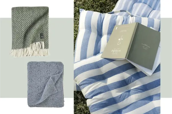 Kollasj til forleng feriefølelsen, pledd og bok