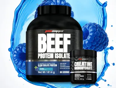 En stor og en liten beholder med proteinpulver og kreatin fra Prosupps.