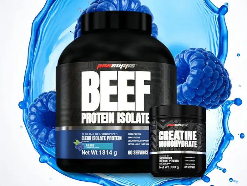 En stor og en liten beholder med proteinpulver og kreatin fra Prosupps.