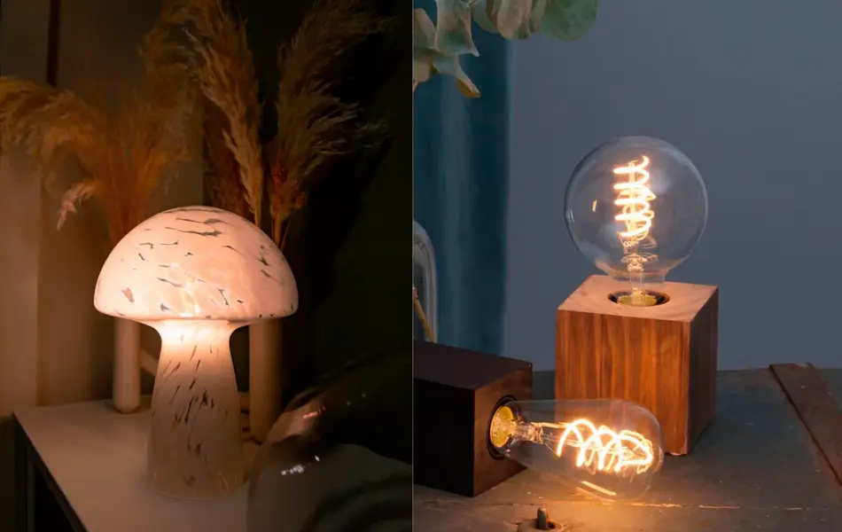 Bordlampe som ser ut som en sopp og bordlampe som en kube.