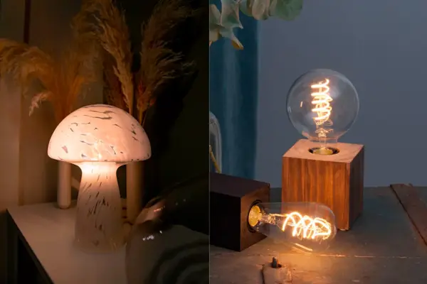 Bordlampe som ser ut som en sopp og bordlampe som en kube.