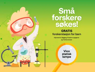 Illustrasjon av et barn som jobber i en lab med tekst "Små forskere søkes! GRATIS forskerstasjon for barn"