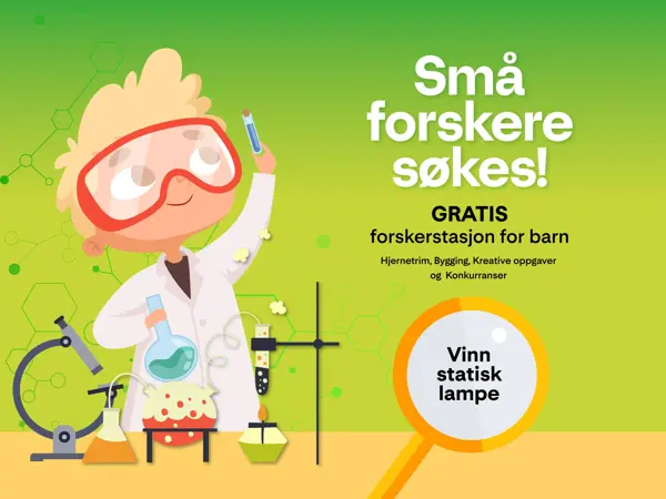 Illustrasjon av et barn som jobber i en lab med tekst "Små forskere søkes! GRATIS forskerstasjon for barn"