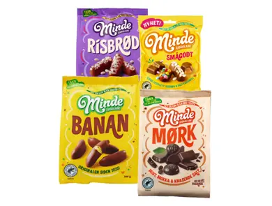 Fire forskjellige pose rmed sjokolade fra Minde.