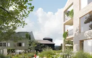 Bildet viser illustrasjon av boligprosjektet Oksenøya Bruk - et samarbeidsprosjekt mellom OBOS og Thon Eiendom