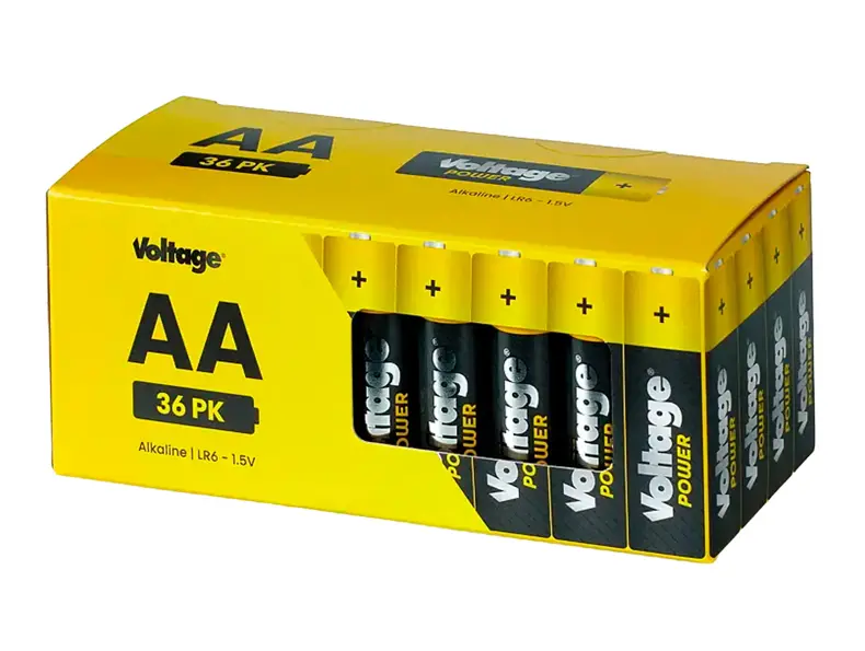 Pakke med 36 AA-batterier fra Voltage i gul og svart emballasje.