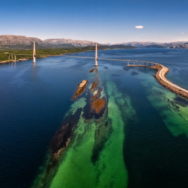 County Road 17 ( Fylkesvei 17) is also known as the Coastal Highway (Kystriksveien).
 The famous and scenic Coastal Highway has a total length of about 400 miles and offers a lot of scenic views along the road.

The Helgeland Bridge (Helgelandsbrua) is a cable-stayed bridge that crosses the Leirfjorden in Nordland county, Norway.
