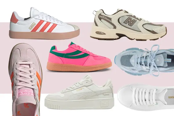 Adidas Court sneakers, New Balance sneakers, Adidas Samba rosa og orange sneakers, Rosa og grønne sneakers, hvite Puma sneakers, hvite flate sneakers, blå sneakers.