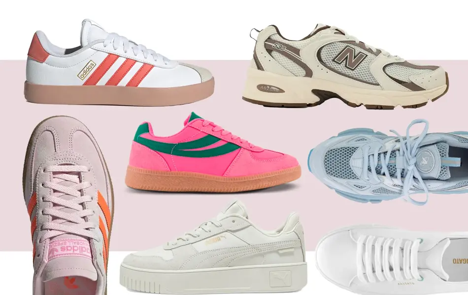 Adidas Court sneakers, New Balance sneakers, Adidas Samba rosa og orange sneakers, Rosa og grønne sneakers, hvite Puma sneakers, hvite flate sneakers, blå sneakers.