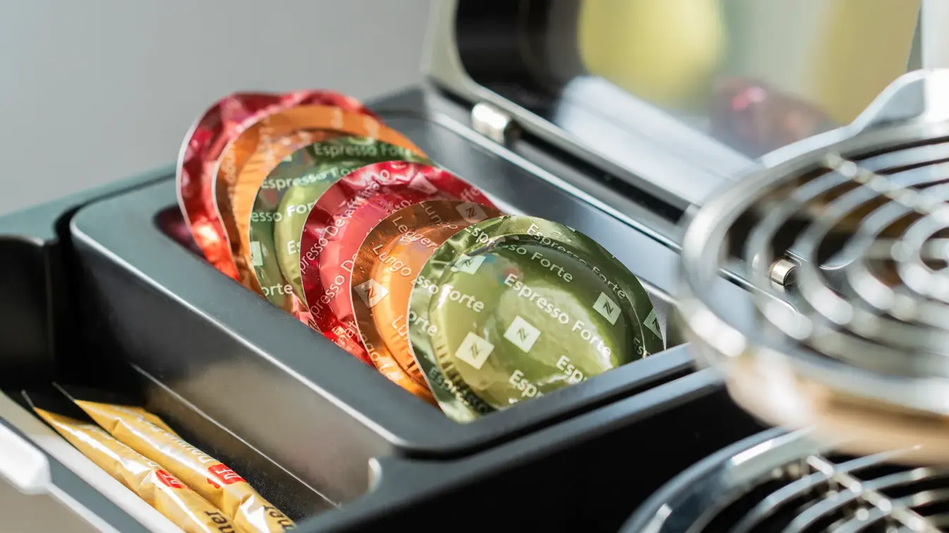 Nespresso kapsler og kaffemaskin i business rom på Thon Hotel Bristol Bergen