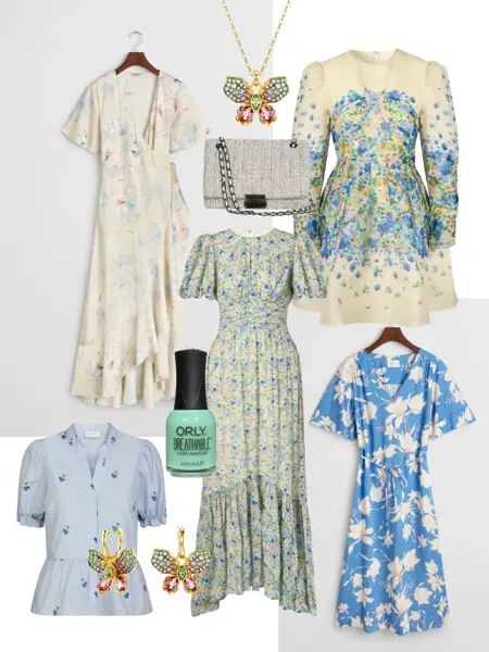 Lys og blomstrete omslagskjole, kjede med sommerfuglanheng med steiner, kort blomstrete kjole, lys beige skulderveske, lang blomstrete kjole med puffermer, kort blå og hvit blomstrete kjole, grønn neglelagg, øredobber med sommerfulger med steiner