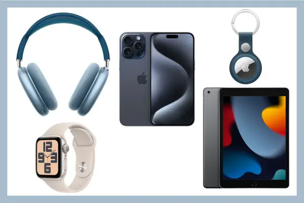 Apple headphones, iPhone, Apple nøkkelring, Apple watch og ipad
