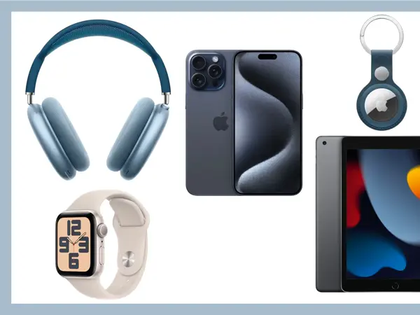 Apple headphones, iPhone, Apple nøkkelring, Apple watch og ipad