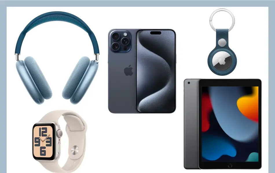 Apple headphones, iPhone, Apple nøkkelring, Apple watch og ipad