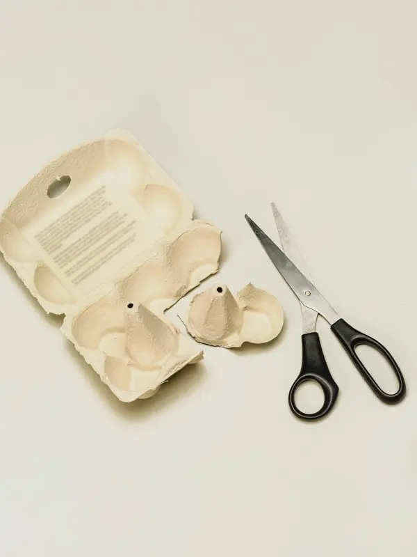 En tom eggekartong som er klippet i, og en sort saks