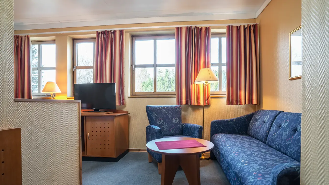 Lå sofa med tilhørende lenestol og TV i bakgrunnen