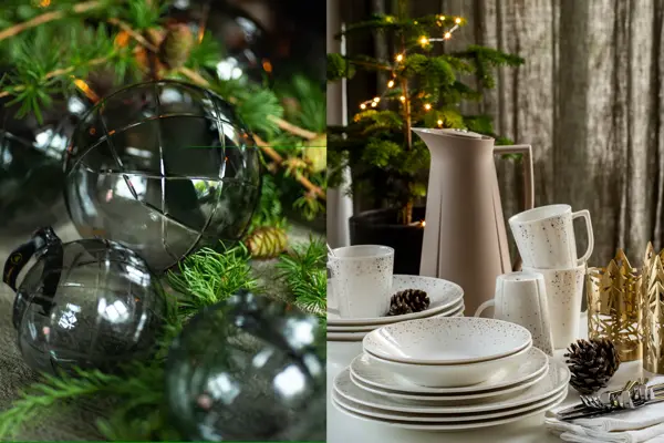 kollasj av to miljøbilder, julepynt på juletre og servise