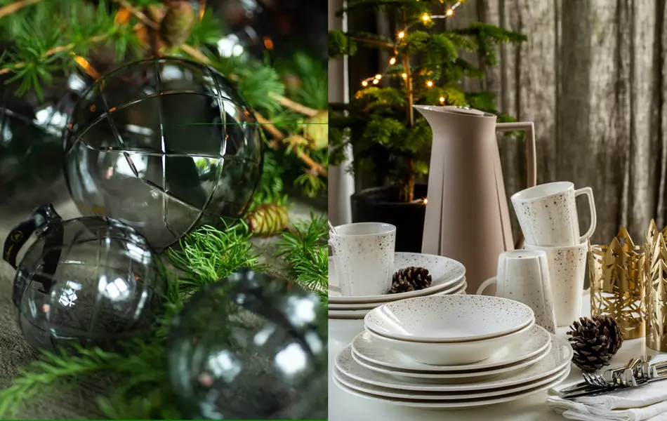 kollasj av to miljøbilder, julepynt på juletre og servise