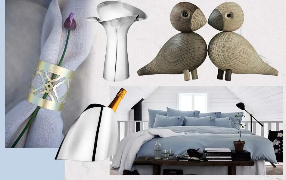 Kollasj av serviett, sjampagne holder, seng og fugler i tre