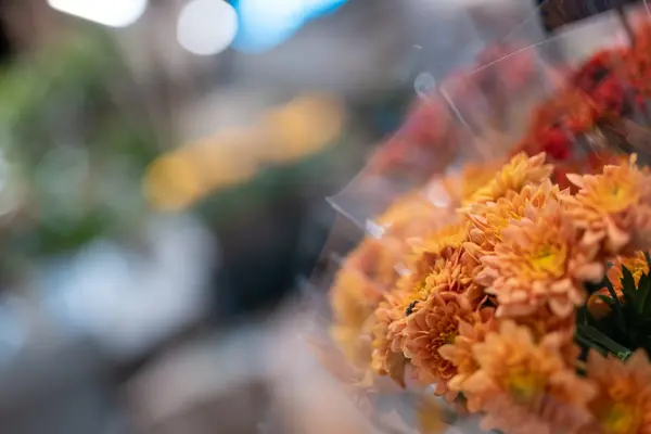 blomsterbukett med oransje og dyprøde blomster