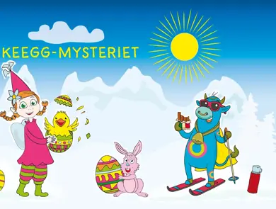 Grafisk bilde med illustrasjon av Amfelia og Oskar med påsketema