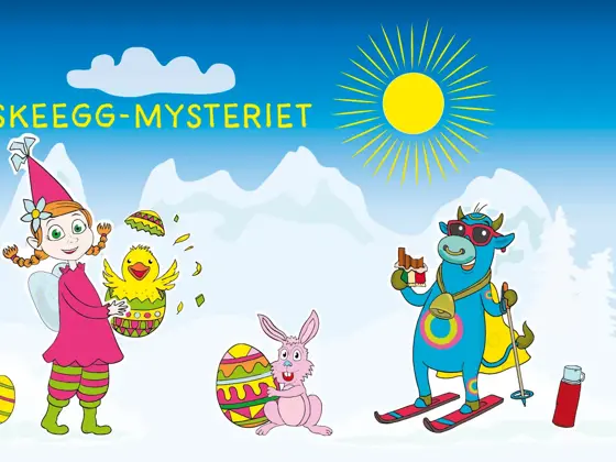 Grafisk bilde med illustrasjon av Amfelia og Oskar med påsketema